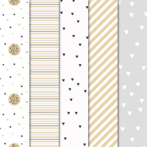 Pode incluir: Cinco padr&otilde;es diferentes sem costura com estrelas, cora&ccedil;&otilde;es e listras em tons de cinza, branco e dourado. Os padr&otilde;es s&atilde;o perfeitos para scrapbooking, cria&ccedil;&atilde;o de cart&otilde;es e outros projetos de artesanato.