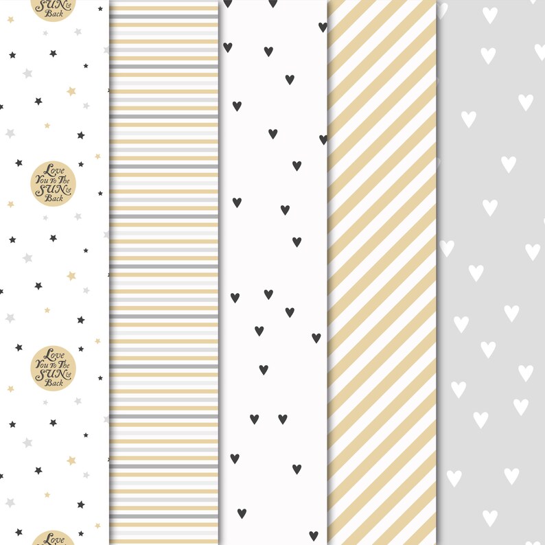 Pode incluir: Cinco padr&otilde;es diferentes sem costura com estrelas, cora&ccedil;&otilde;es e listras em tons de cinza, branco e dourado. Os padr&otilde;es s&atilde;o perfeitos para scrapbooking, cria&ccedil;&atilde;o de cart&otilde;es e outros projetos de artesanato.