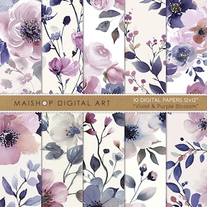 Patrones florales elegantes en acuarela • Papeles digitales coloridos para álbumes de recortes • Imágenes de fondo de descarga instantánea • Flor violeta y morada