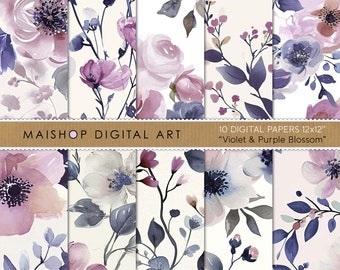 Elegant Watercolor Floral Patterns • Colorful Scrapbook Digital Papers • Instant Download Background Images • Violet & Purple Blossom