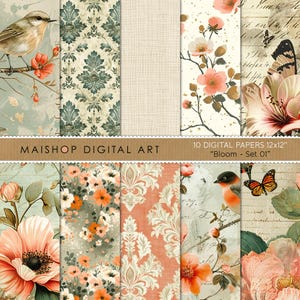 Conjunto de papel digital estilo vintage • Patrones florales y damascenos • Fondos Shabby Chic para páginas de Junk Journal • Conjunto Bloom 01