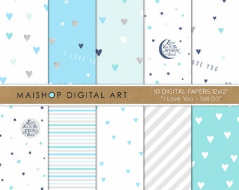 Valentines Digital Paper Set, Blue and Silver Digital Backgrounds Patterns for Scrapbook, Greeting Cards and More! • I Love You Set 03