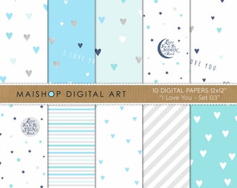 Conjunto de papel digital Valentines, padrões de fundos digitais azuis e prateados para scrapbook, cartões comemorativos e muito mais! • Eu te amo Conjunto 03