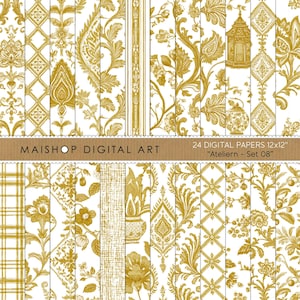 Könnte beinhalten: Eine Sammlung von 24 digitalen Papieren, jeweils 30,48 cm x 30,48 cm, mit goldenen und weißen floralen und geometrischen Mustern. Die Papiere zeigen Damast-, Gitter- und botanische Designs. Der Text "MAISHOP DIGITAL ART" und "Ateliern - Set 08" sind sichtbar.