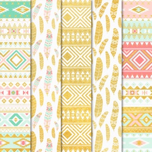 Boho Digital Paper Pack I Mint, Coral and Gold Foil Aztec Tribal Feathers Patterns I Backgrounds Download I Commercial Use I Navajo Set 03 image 2