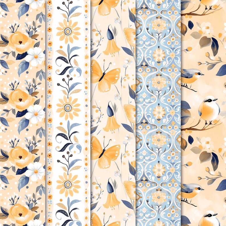 Op de afbeelding: Vier verschillende naadloze patronen met bloemen- en vlinderontwerpen in tinten geel, blauw en wit. De patronen zijn perfect voor knutselen, scrapbooking en andere creatieve projecten.