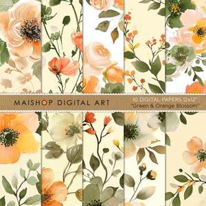 Könnte beinhalten: Zehn digitale Papiere mit einem Aquarellmuster aus grünen Blättern und Orangenblüten. Die Papiere sind 30,5 x 30,5 cm groß und perfekt für Scrapbooking, Kartenherstellung und andere Bastelprojekte.