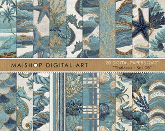 May include: A collection of 20 digital papers, each 12x12 inches, featuring various marine-themed patterns. Designs include seahorses, starfish, coral, and waves in shades of blue, teal, and gold. The text "MAISHOP DIGITAL ART" and "Thalasso - Set 06" are visible.