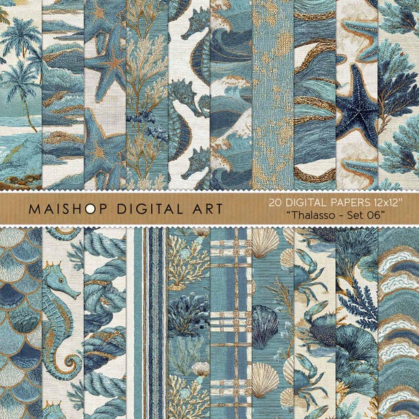 Oceanic Digital Paper Pack, Küstentexturen, Nautisches Scrapbookpapier, Seepferdchen- und Seesternmuster, digitaler Download • Dalasso Set 06