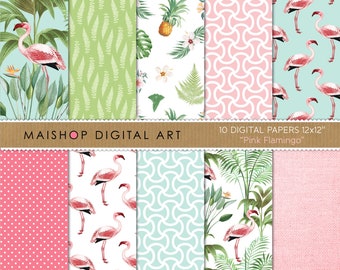 Tropical Digital Paper, Floral Scrapbook Paper "Pink Flamingo" Backgrounds for Scrapbooking, Invitations, Stickers, Decoupage, Cards...