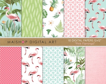 Tropisch digitaal papier, bloemen scrapbook papier "Pink Flamingo" achtergronden voor scrapbooking, uitnodigingen, stickers, decoupage, kaarten...