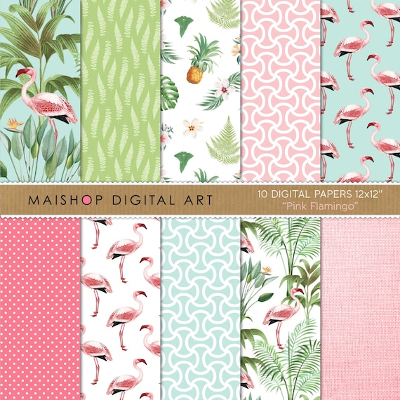 Tropical Digital Paper, Floral Scrapbook Paper "Pink Flamingo" Backgrounds for Scrapbooking, Invitations, Stickers, Decoupage, Cards...