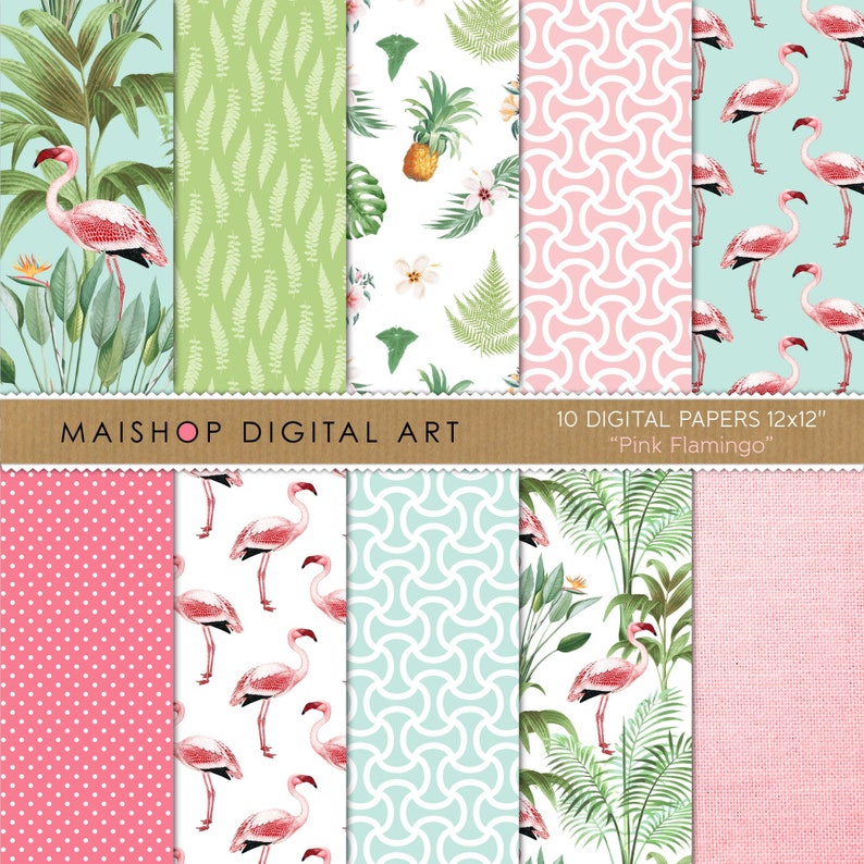 Tropical Digital Paper, Floral Scrapbook Paper Pink Flamingo Backgrounds for Scrapbooking, Invitations, Stickers, Decoupage, Cards... image 1