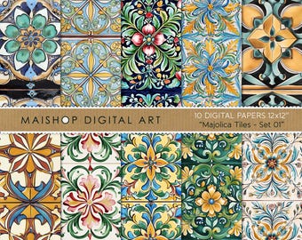 Puede incluir: Diez papeles digitales con diseños coloridos e intrincados inspirados en los azulejos tradicionales de Majólica. Cada papel mide 30,48 cm por 30,48 cm y presenta un patrón diferente con colores vibrantes como azul, verde, amarillo y rojo.