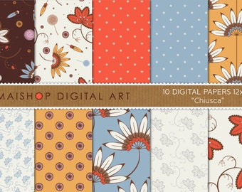 Digital Paper Floral 'Chiusca' Red, Blue, Orange High Resolution Digital Sheets for Card Making, Scrapbook, Crafts...