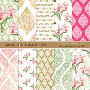 10 Luxury Thai Digital Paper Set | Pink Orchid & Gold Glitter Patterns | Exotic Scrapbook Backgrounds | Instant Download Grand Palace Set 01