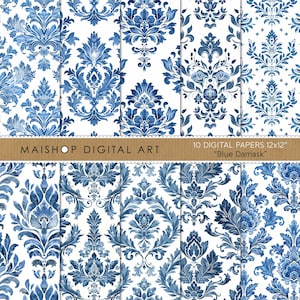 Nahtlos blau Damast Digitales Papier, digitale Hintergründe Scrapbook Papier, kommerzielle Nutzung digitaler Download • Blau Damast