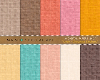 Digital Paper Linen "Chocolate Elephant" Brown, Orange, Pink, Yellow, Turquoise... Fabric Texture Digital Sheets for cards, Invites...