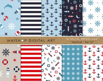 Nautical Digital Paper Pack, Printable Scrapbook Paper, Pastel Colors Patterns, Instant Download Backgrounds - Nautical Set 02