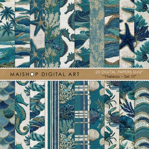 May include: A set of 20 digital papers, each 30.48cm x 30.48cm, showcasing marine-inspired designs. The patterns include seahorses, starfish, coral, and waves in teal, blue, and gold. The text "MAISHOP DIGITAL ART" and "Thalasso - Set 01" are visible.