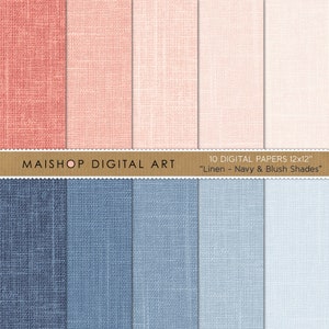 Navy & Blush Linen Digital Paper - Printable Textured Backgrounds - Commercial Use Scrapbook Paper - Digital Download