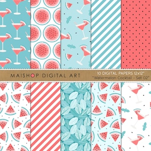 Watermelon Patterns • Red & Blue Digital Paper Pack • Cocktail Printable Backgrounds • Summer Digital Papers • Watermelon Cocktail Set 02