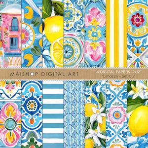 Puede incluir: Una colección de 14 papeles digitales titulada Limozza Set 03, con patrones de limones amarillos, flores blancas, azulejos mediterráneos azules y blancos, motivos florales rosas y rayas amarillas y blancas, en formato de 30,5x30,5 cm.
