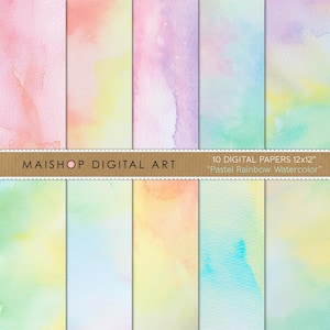 Pastel Rainbow Watercolor Digital Paper - Printable Scrapbook Paper - Watercolor Backgrounds Digital Download - Commercial Use