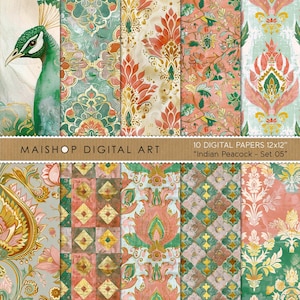 Op de afbeelding: Set van 10 digitale papieren met een pauw en ingewikkelde bloemmotieven in tinten groen, roze en goud. De papieren zijn 30,5 cm bij 30,5 cm en zijn getiteld "Indian Peacock - Set 05".