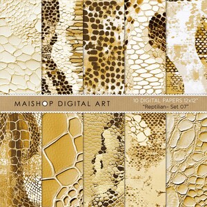 May include: Set of 10 digital papers featuring a reptilian skin pattern in shades of brown and beige. The papers are 12x12 inches and are labeled "Reptilian - Set 07".