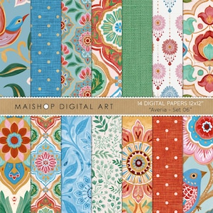 May include: A collection of 14 digital papers labeled MAISHOP DIGITAL ART Averia Set 06, measuring 12x12 inches. The set features diverse patterns including birds, floral mandalas, polka dots, and botanical vines in vibrant red, blue, and green hues.