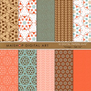 Digitales Papier Braun, Türkis, Rot, Orange, Gold... Florales Ornament, Lorbeerblätter ⎢ Grego Set 02