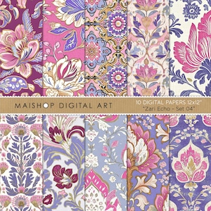 Papéis florais sem costura Boho • Fundos de scrapbook Boho Chic • Texturas digitais inspiradas em Batik • Download instantâneo • Conjunto Zari Echo 04