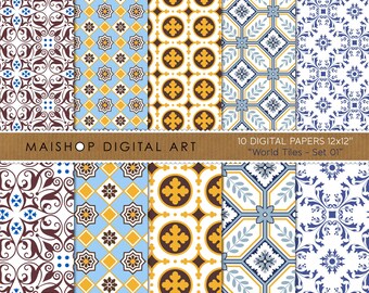 Bezszwowy papier cyfrowy z portugalskimi kafelkami, papier do scrapbookingu Azulejos, wzory kafelków do druku na zaproszenia i kartki