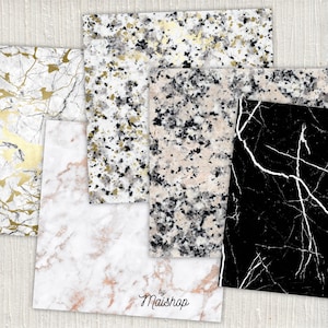 May include: Set of four digital paper textures featuring different marble patterns in black, white, gold, and pink. The papers are perfect for creating backgrounds, invitations, and other digital projects.