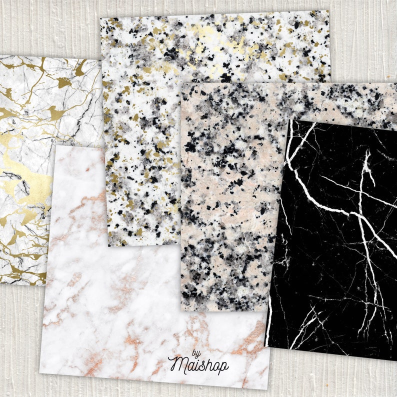May include: Set of four digital paper textures featuring different marble patterns in black, white, gold, and pink. The papers are perfect for creating backgrounds, invitations, and other digital projects.
