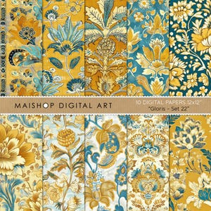 May include: A collection of ten digital papers, each 12x12 inches, featuring floral patterns in shades of gold, teal, and brown. The designs include stylized flowers and ornate, vintage-inspired motifs. The text "MAISHOP DIGITAL ART" and "Gloris - Set 22" are visible.