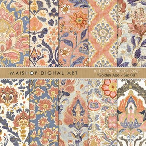 Naadloze, Indiaas geïnspireerde bloempatronen voor creatievelingen • Ingewikkeld digitaal bohopapier met elegante ontwerpen • Gouden eeuw, set 09
