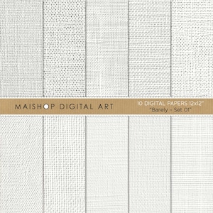 Op de afbeelding: Set van 10 digitale papieren met een witte linnen textuur. De papieren zijn 30,5 x 30,5 cm en worden "Barely - Set 01" genoemd.