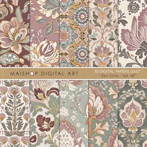 Boho Floral Digitale Papiere • Rosa & Blaue nahtlose Boho Chic Muster • Asiatische Blumen digitale Hintergründe • Zari Geo Set 08
