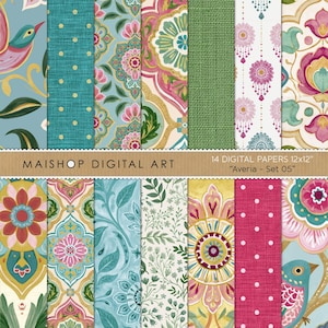 May include: A collection of 14 digital papers labeled MAISHOP DIGITAL ART Averia Set 05, each measuring 12x12 inches. The patterns feature birds, floral motifs, polka dots, and textured green fabric designs in shades of pink, blue, and yellow.