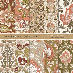 Papéis Digitais Boho Floral Sem Costura • Fundos Boho Terracota e Cáqui • Pacote de Texturas em Estilo Floral Étnico • Conjunto Zari Echo 17