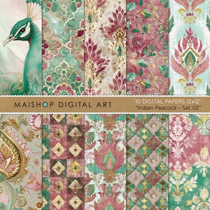 May include: Set of 10 digital papers featuring a peacock, paisley, and geometric patterns in shades of teal, pink, and gold. The papers are 12 inches by 12 inches.