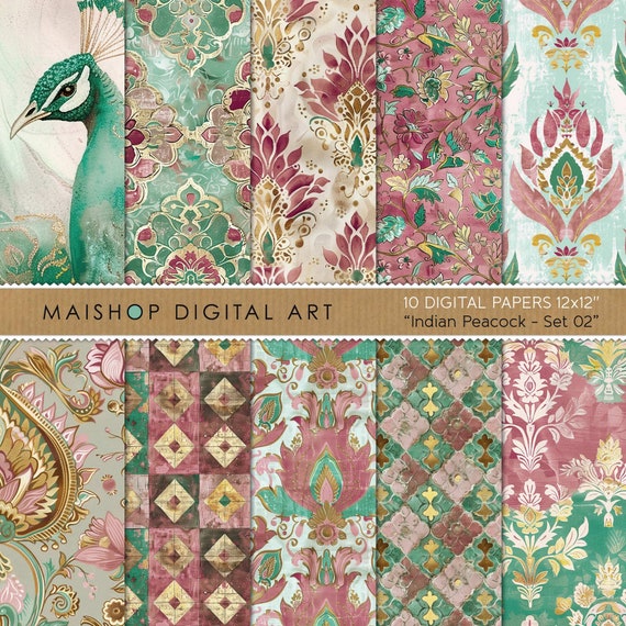 Seamless Digital Paper Set, Printable Designs, Scrapbook Paper, Digital Download, Free Commercial Use • Indian Peacock Set 02
