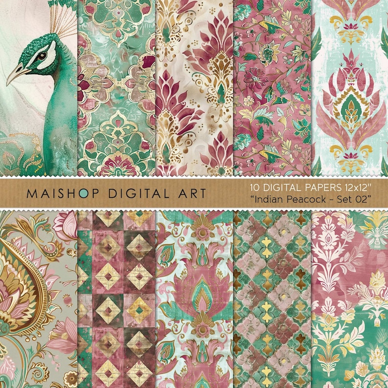 May include: Set of 10 digital papers featuring a peacock, paisley, and geometric patterns in shades of teal, pink, and gold. The papers are 12 inches by 12 inches.