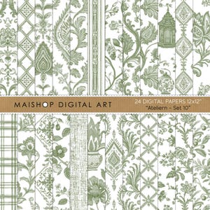 May include: A collection of 24 digital papers, each 12x12 inches, featuring various green and white floral and geometric patterns. The text "MAISHOP DIGITAL ART" and "Ateliern - Set 10" is visible.