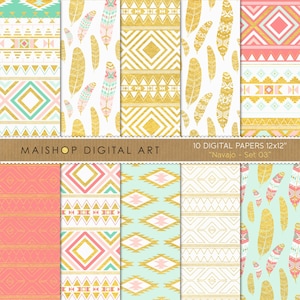 Boho Digital Paper Pack I Mint, Coral and Gold Foil Aztec Tribal Feathers Patterns I Backgrounds Download I Commercial Use I Navajo Set 03 image 1