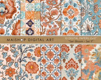 May include: Set of 10 digital papers featuring a floral pattern with blue, orange, and white colors. The papers are 12 inches by 12 inches and are titled "Sari Bloom - Set 11".