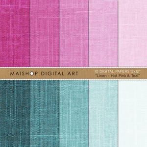 May include: Digital art featuring ten 12x12 inch linen texture papers in shades of hot pink and teal. The image includes a variety of pink hues at the top and teal shades at the bottom. The text "MAISHOP DIGITAL ART" is displayed.