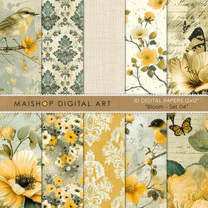 Collection de papiers numériques classiques • Motifs floraux et damassés • Arrière-plans vintage chics pour projets d'artisanat • Ensemble Bloom 04